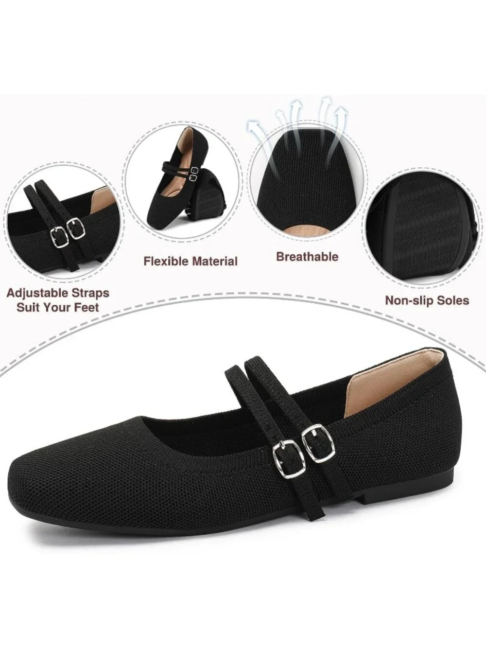 Women's Black Knit Square Toe Mary Jane Ballet Flats Foldable Buckle Strap Shoes
